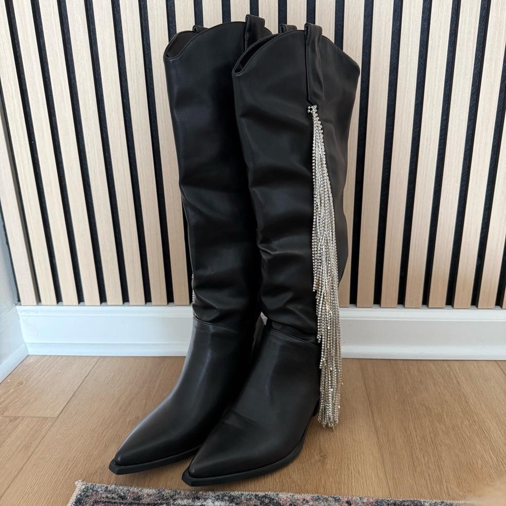 Black Knee High Boots with Rhinestone Fringe
